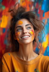 Smiling woman with colorful paint splattered on her face, creativity, joy, and the artistic spirit of self-expression