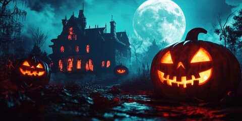 Two carved pumpkins on the porch of a spooky old house, perfect for Halloween decorations or autumn themes