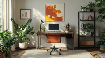 A high-resolution image of a remote workspace in a contemporary apartment with a desk, laptop, and personal touches like artwork and indoor plants