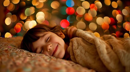 close up of child sleeping under the covers smiling with blurred background