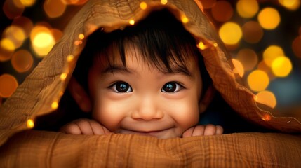 close up of child sleeping under the covers smiling with blurred background