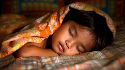 close up of child sleeping under the covers smiling with blurred background