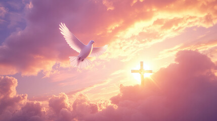 A powerful image depicting a white dove flying towards a glowing cross bathed in a striking sunset, symbolizing peace, hope, and spiritual transcendence.