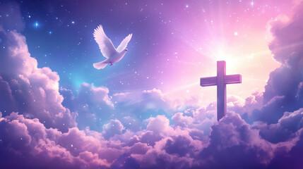 A serene and inspirational image featuring a white dove soaring towards a wooden cross, set against a vibrant cloud-filled sky, symbolizing spiritual guidance.