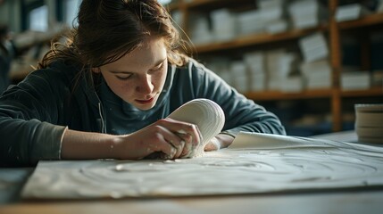 Close up of a focused person sculpting with a beautifully blurred artistic background