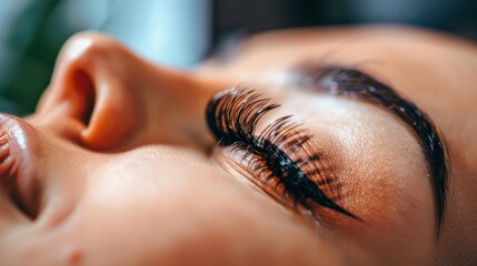 close up of closed eyes with long eyelashes at a salon