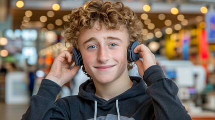 close up of teenager holding headphones on head with blurred background