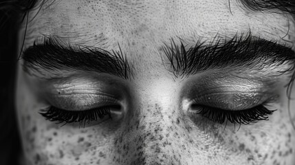 Black And White Close-Up Of The Freckled Face And Closed Eyes Of A Female With Long Dark Eyelashes