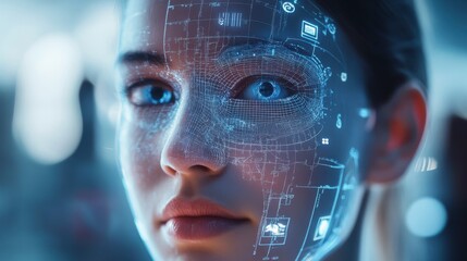 A futuristic face with a holographic map overlay, highlighting contours and features in a high-tech, digital style