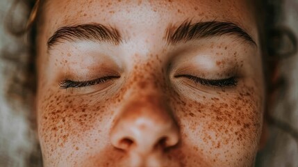 Close Up, Peaceful Face of Young With Freckles and Closed Eyes, Relaxing, Skincare and Beauty