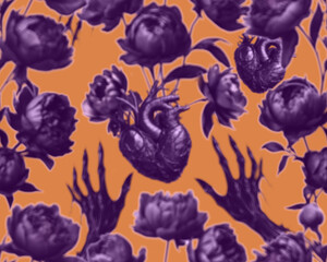 Gothic style seamless pattern with dark peonies flowers, heart and witch hands. Halloween themed graphic print for clothing, fabric, wallpaper, home decor, wrapping paper.