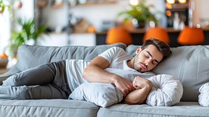 close up of man falling asleep on couch with blurred background
