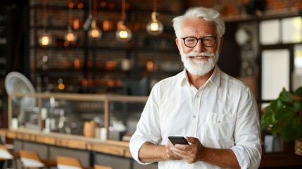 close up of happy senior holding a phone with blurred background as he looks at the camera