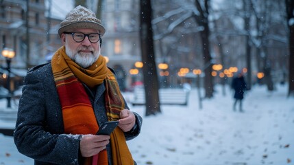 close up of happy senior holding a phone with blurred background as he looks at the camera