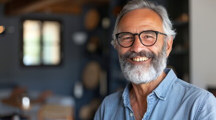 close up of happy senior with blurred background as he looks at the camera
