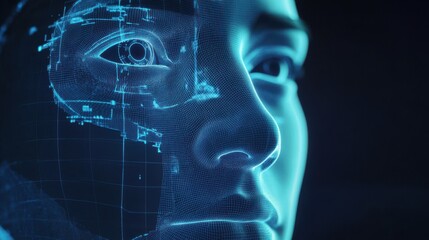 A futuristic face with a holographic map overlay, highlighting contours and features in a high-tech, digital style