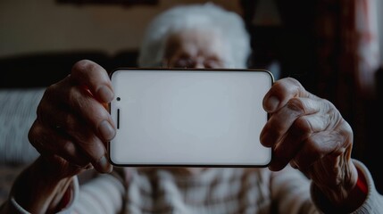close up of happy senior holding a phone with blurred background as he looks at the camera