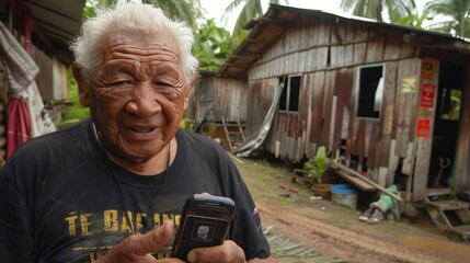close up of poor senior holding a phone with blurred background as he looks at the camera