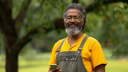 close up of happy senior holding a phone with blurred background as he looks at the camera
