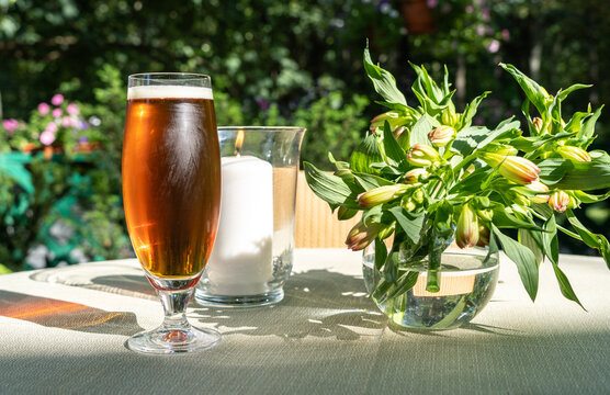 Cold dark beer on restaurant table, craft porter beer, ale froth pint glass in garden on a sunny summer day