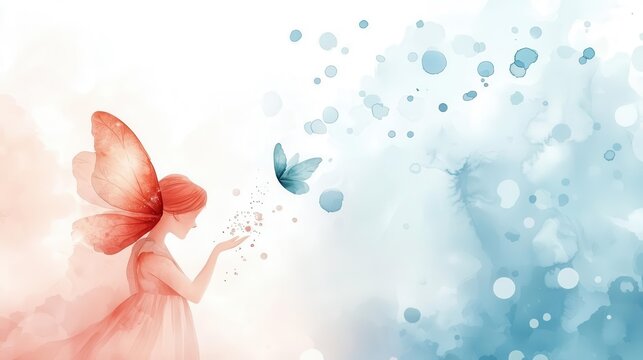 Fototapeta Watercolor painting of a fairy with butterfly wings blowing on a dandelion.