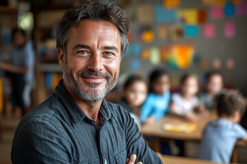 Fototapeta premium Portrait of smiling male teacher in a class at school. 