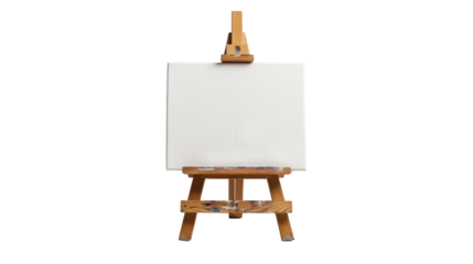 A wooden easel with a white canvas on transparent background