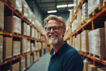 Obraz premium A smiling elderly man is among the packed boxes in a logistics warehouse. Managing the logistics warehouse, coordinating loading and unloading goods, blurred background of a warehouse