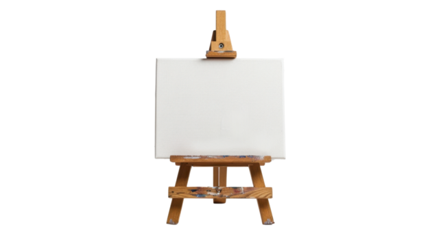A wooden easel with a white canvas on transparent background