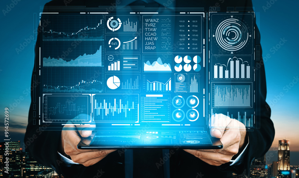 Poster big data technology for business finance analytic concept. modern interface shows massive informatio