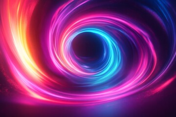Abstract background with neon glowing circular wave lines on dark background.