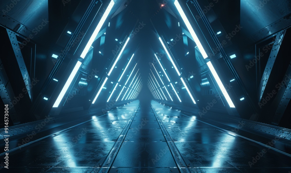 Poster the rendering is a 3d image of a futuristic triangle spaceship corridor with a dark abstract theme