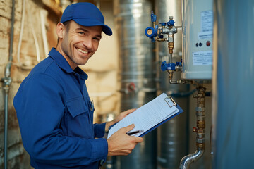 Smiling technician in uniform and cap servicing home water heater, holding clipboard and pen, demonstrating professionalism, doing maintenance. The technician supports the operation of home appliances