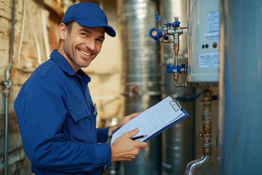 Smiling technician in uniform and cap servicing home water heater, holding clipboard and pen, demonstrating professionalism, doing maintenance. The technician supports the operation of home appliances