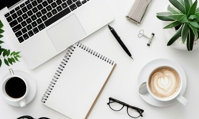 Top view of a white office desk featuring a blank notebook, computer, supplies, and a coffee cup, suitable for adding text or images