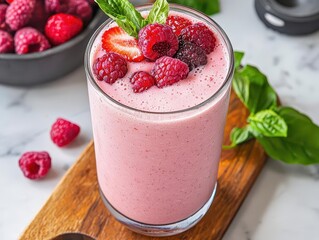 Delicious pink smoothie with fresh raspberries and strawberries.
