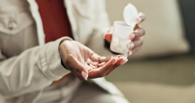 Woman, hands and medication tablets in home, disease and treatment or healthcare in lounge. Mood stabilizers, pharmaceutical product and mental health routine, bipolar management and mania prevention