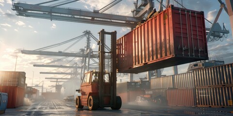 Forklift lifting shipping container at the port.