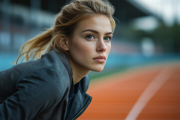 A focused businesswoman studies the stadium track, preparing for her next big opportunity while surrounded by an inspiring sports atmosphere