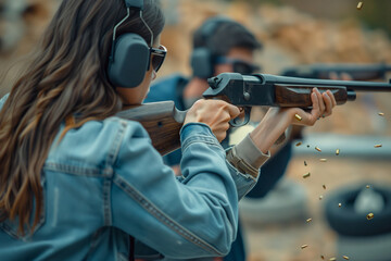 Obraz premium A Focused Couple Engages in Target Practice at an Indoor Shooting Range at Night