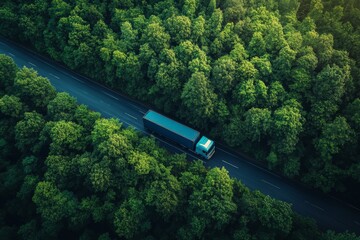 Fototapeta premium Top view of truck driving on highway road in green forest. 