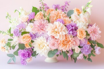 Beautiful floral arrangement with peach, pink, and white flowers.