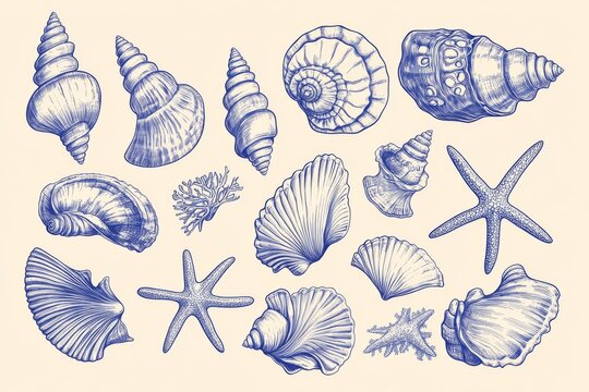 An vector illustration of various seashells and starfish drawing in blue ink.