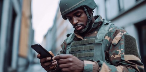 Black military man using smartphone on the street, looking at the screen and typing a message.