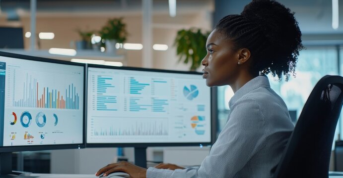 Black woman in an office using two monitors to display data and graphs.
