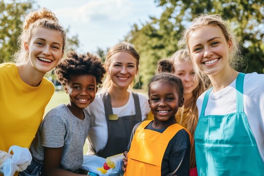 Smiling Volunteers and Children Participate in Outdoor Community Cleanup Activity on Sunny Afternoon