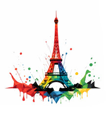 Colorful paint splash Eiffel tower on white background