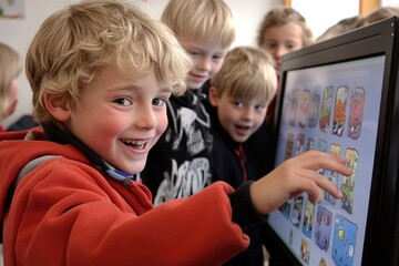 Happy Children Learning Through Interactive Touchscreen Technology in Classroom Setting