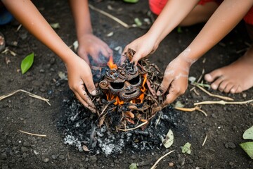Traditional Ritual: Close-Up of Hands Performing Fire Ceremony for Cultural Celebration