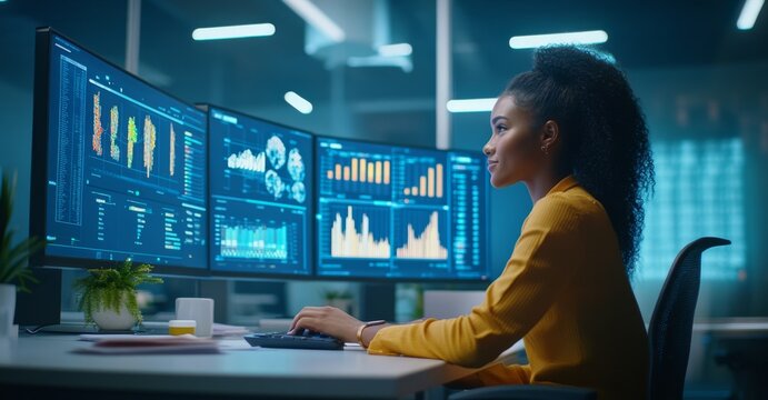 Black woman in an office using two monitors to display data and graphs.